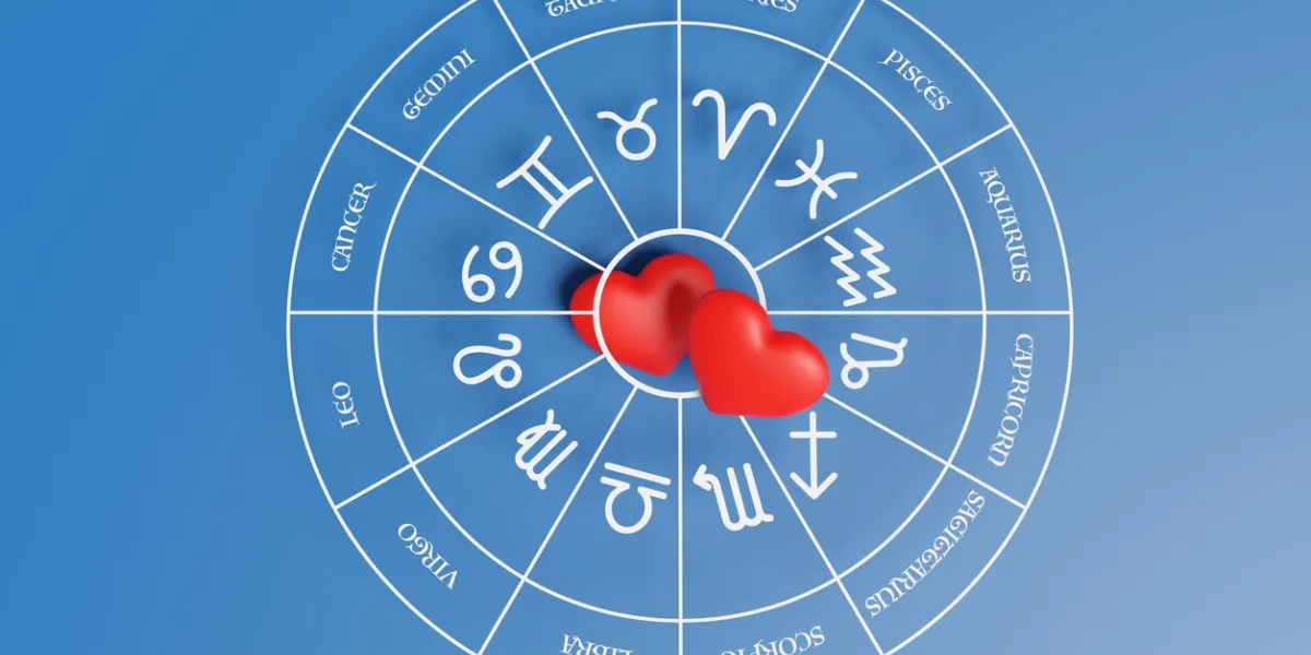 a pair of red hearts in the center of zodiac circle on blue background illustration of the concept of love and relationship horoscope