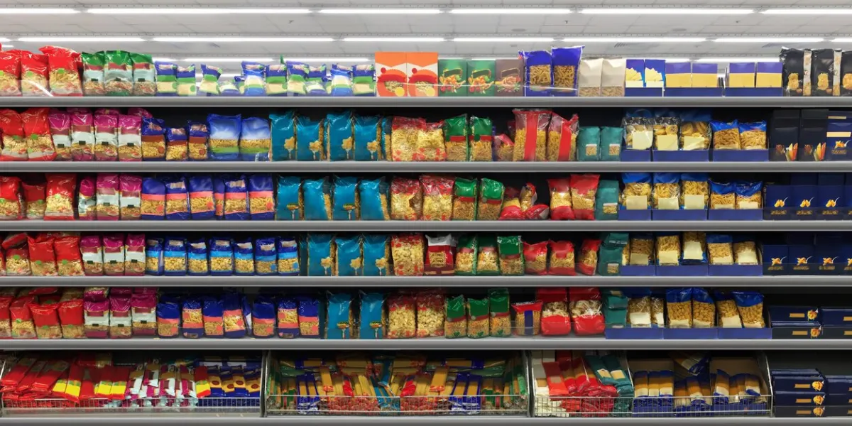 pasta packaging in a supermarket on a shelf suitable for presenting new product plans and new packaging among many others