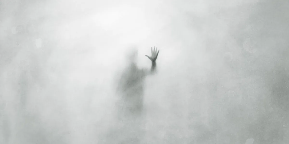 illustration of mysterious man behind glass surface, creepy abstract concept