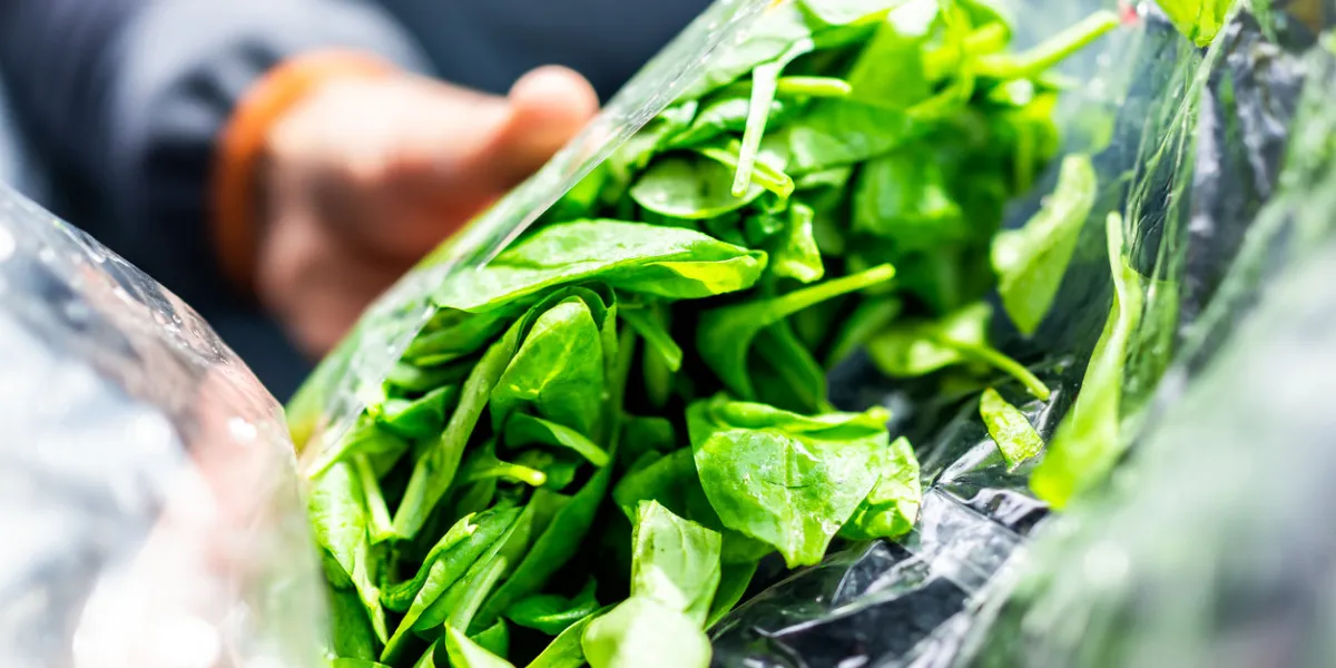 closeup of person hands holding fresh raw, plastic packaged bag of green spinach, vibrant color, healthy salad