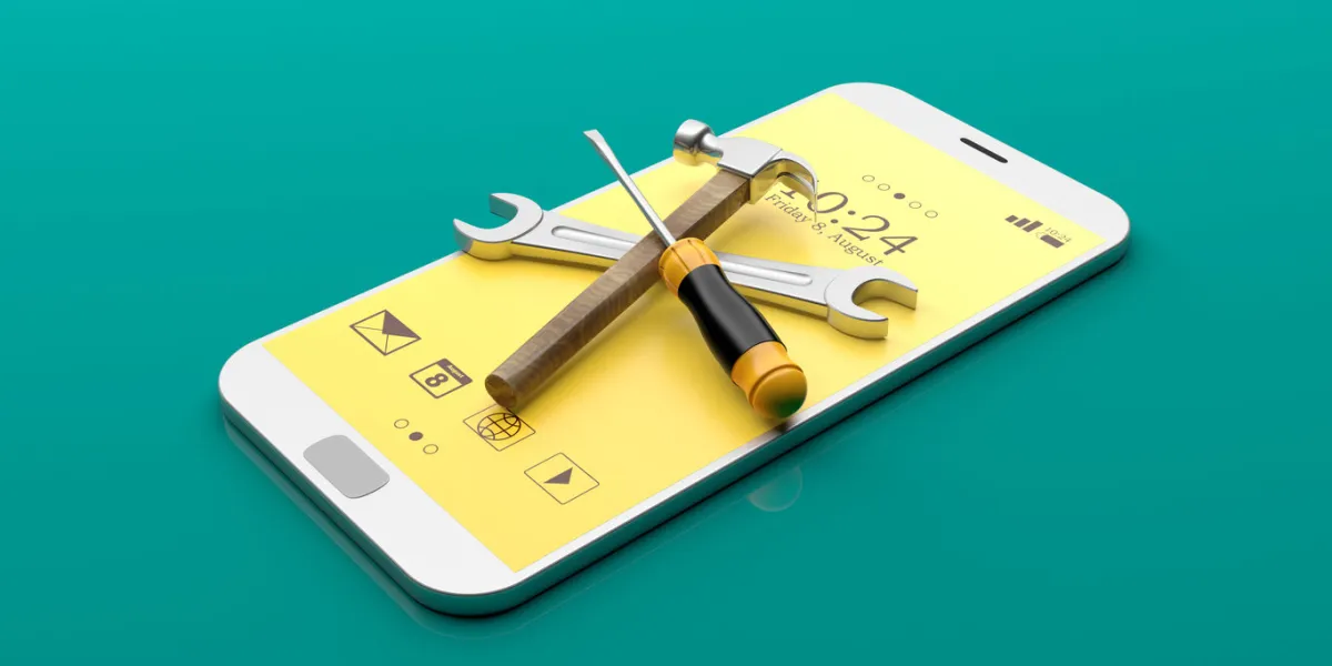 tools on a smartphone on green background 3d illustration
