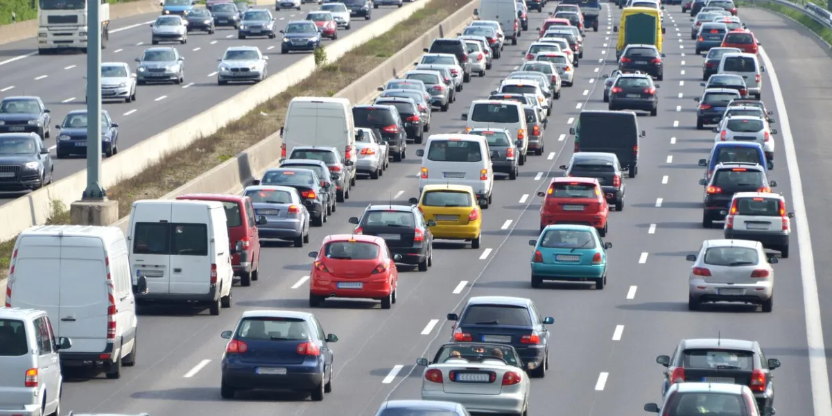 traffic-jam on 4-lane highway at rush-hour