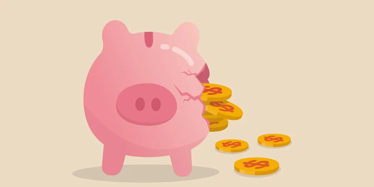 money loss from investment failure, bad habit problem in personal finance, debt crisis or inflation money reduction concept, depress sadness broken pink piggy bank with money dollar coins pouring out