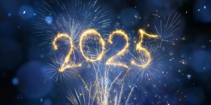 2025 new year celebration with fireworks in blue eve night