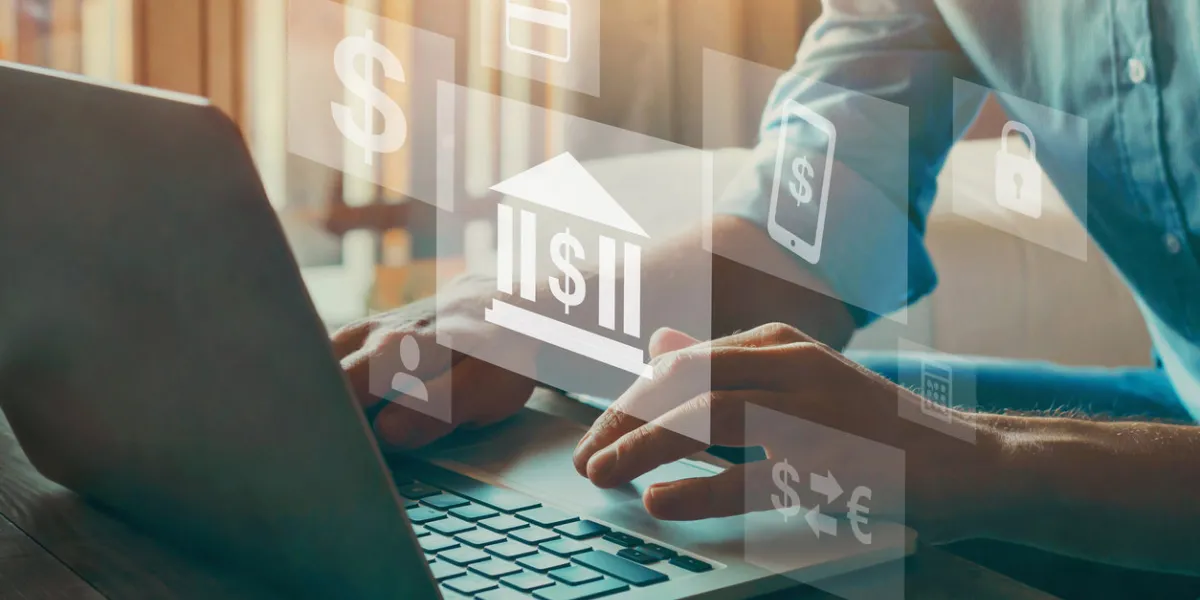 banking online concept, internet bank, financial services diagram on virtual screens against hands typing on keyboard