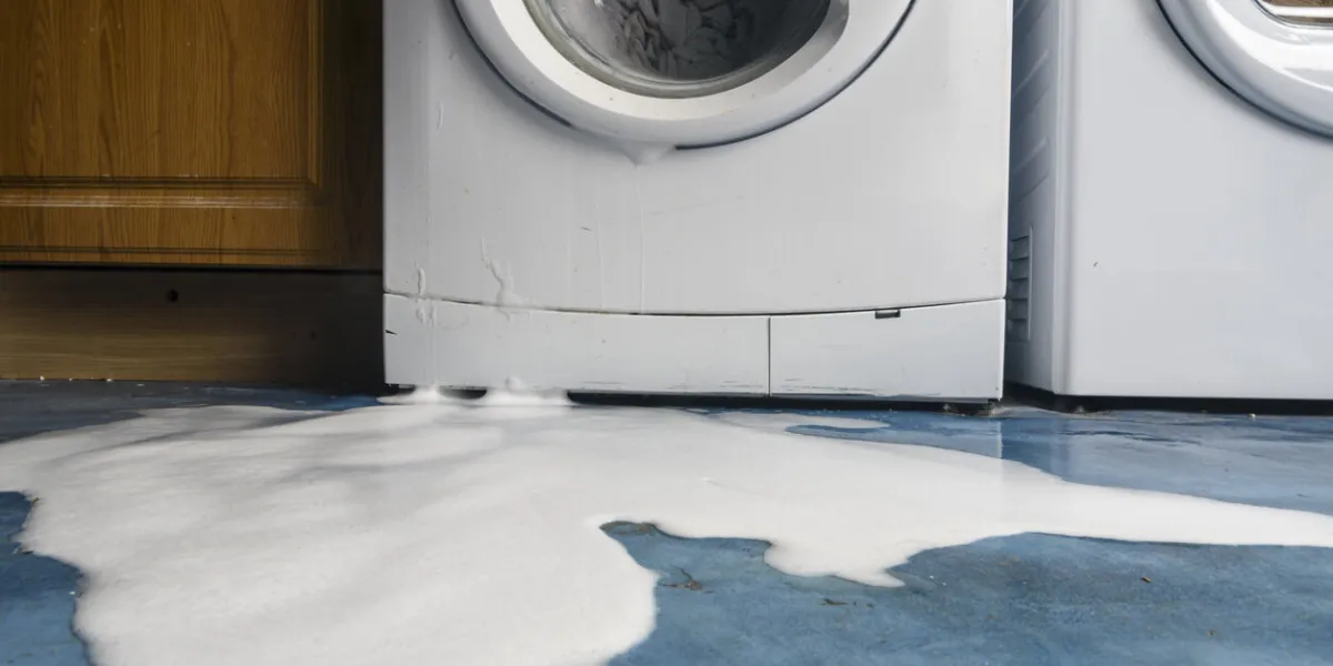 soap bubbles pour out of a leaking washing machine