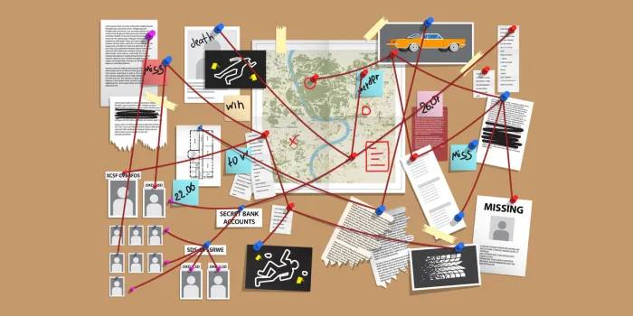 detective wall with pins and evidence, crime investigation investigation wall with pinned photos, newspapers and notes cops plan for solve the crime detective wall vector illustration