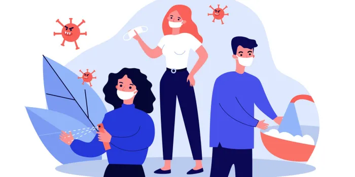 people practicing hygiene for protection from coronavirus men and women wearing face masks, washing and sanitizing hands vector illustration for coronavirus, disease prevention, guide concept