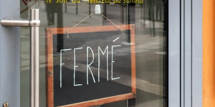 march 16, 2020 lyon, france   because the coronavirus pandemic, businesses are closed and risk bankruptcy financial and economic crisis mondial pandemic of covid