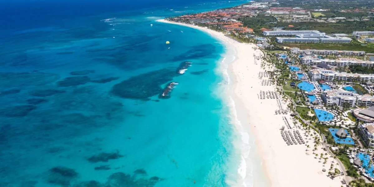 caribbean sea coastline with resorts punta cana beach dominican republic aerial view from drone