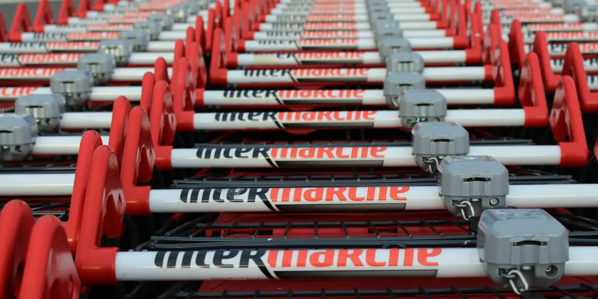 roissy en brie, france - septembre 6, 2015  this is a photograph where you can see the intermarché brand on a long wire caddy