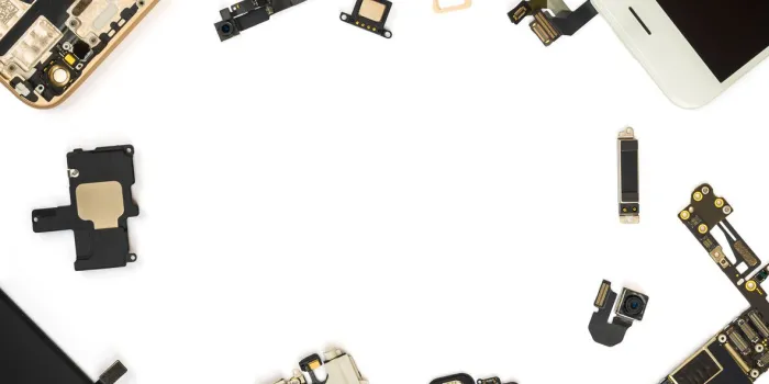 flat lay (top view) of smart phone components isolate on white background with copy space