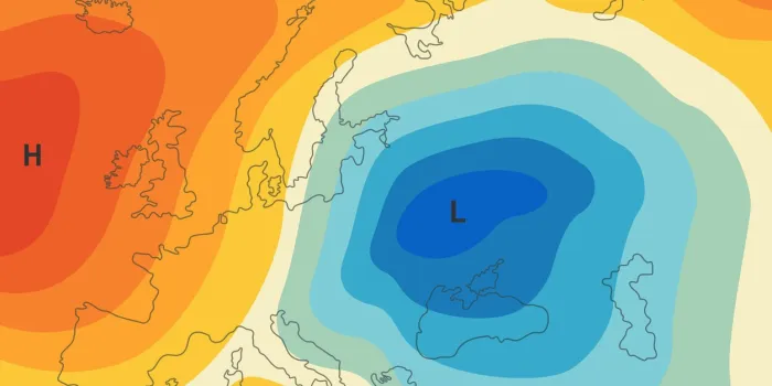meteorological weather forecast map template or map showing of movement warm and cold fronts, isobars, temperature cyclone, wind diagram modern interface design of climate forecast technology
