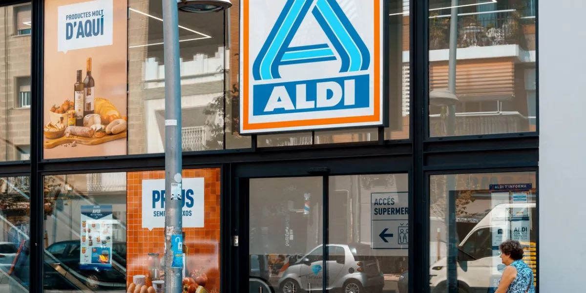 barcelona, spain-august 16, 2022 logo and facade of aldi, german discount supermarket chain the first store was opened in essen by brothers karl and theo albrecht in
