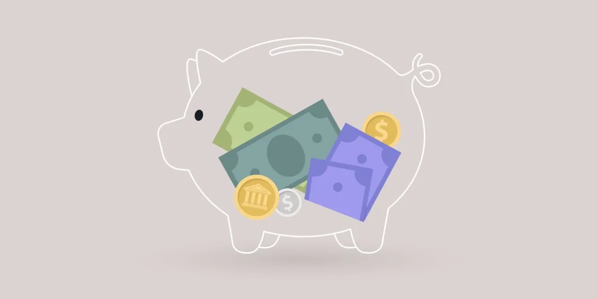 a glass piggy bank with paper money and coins inside, transparent banking service, financial industry