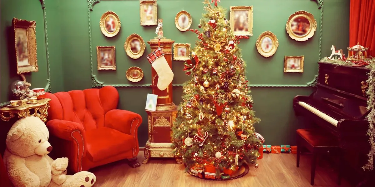 christmas tree, cozy red armchair, fireplace, piano , gifts and toys in the vintage living room home interior background for winter holidays