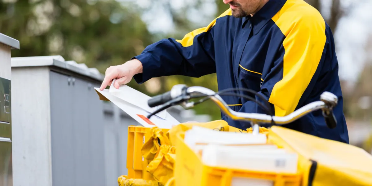 postman delivering letters to mailbox of recipient