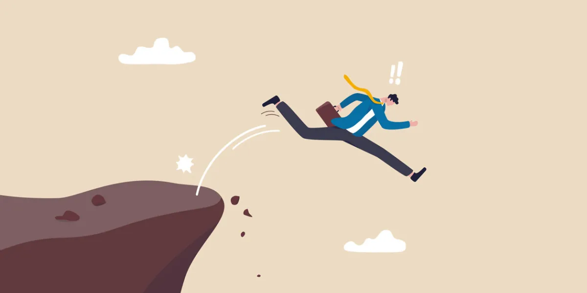 business dumb, mistake, silly or self sabotage idea, bad decision in risky situation causing business failure concept, dumb thoughtless businessman jump off the cliff killing himself