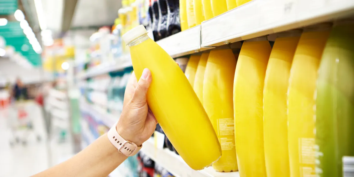 orange juice in the hands of a buyer in a store