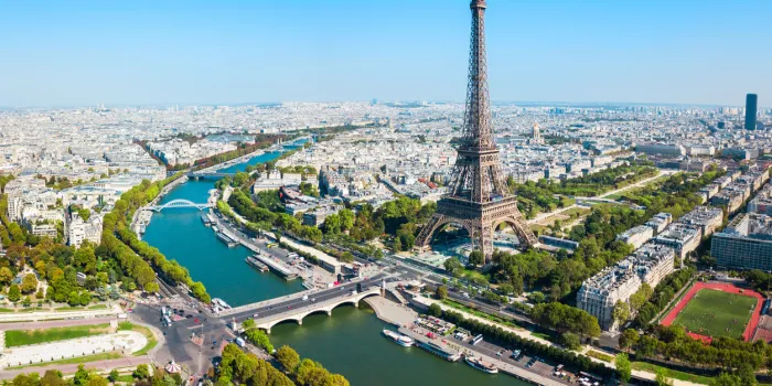 eiffel tower or tour eiffel aerial view, is a wrought iron lattice tower on the champ de mars in paris, france