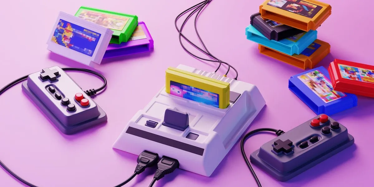 3d illustration old-fashioned gamepads, game console and floppy disks(cartridges) in pink blue gradient neon light retro media, 90s entertainment 3d rendering