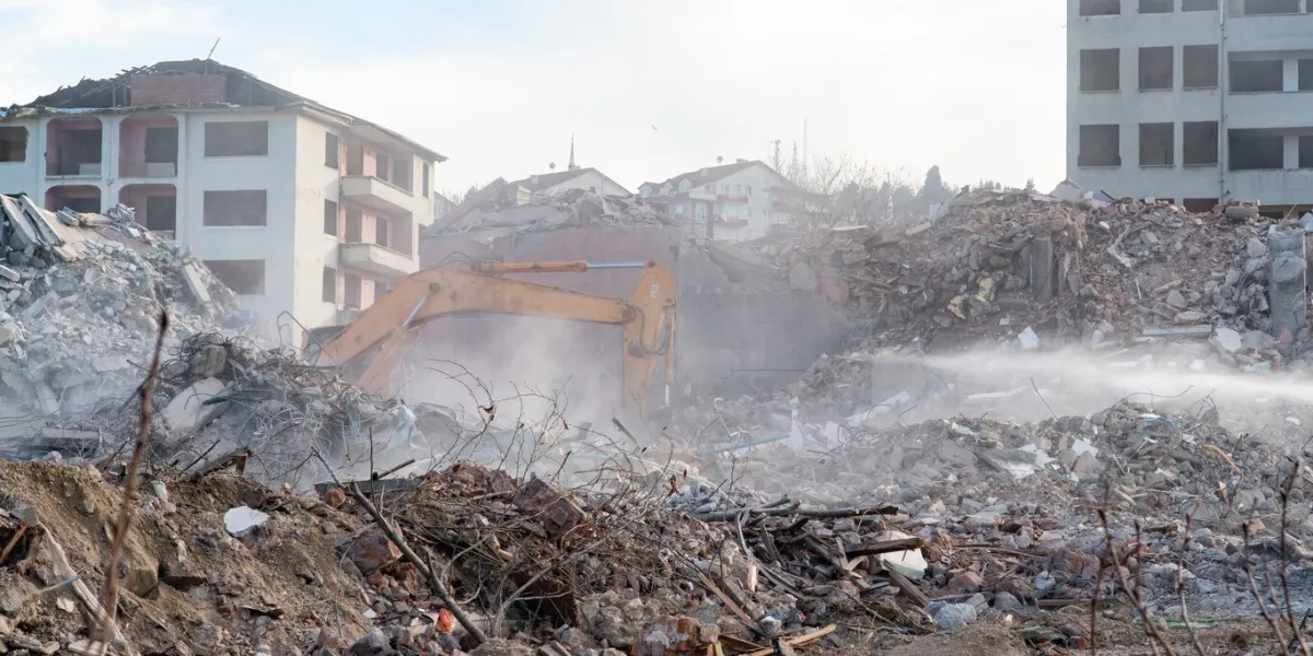 earthquake damage in a city destroyed buildings after an earthquake collapsed buildings ruined city because of war airstrike damages a city urban transformation concept selective focus included