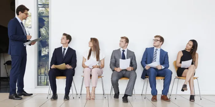 recruiter and people waiting for job interviews, full length