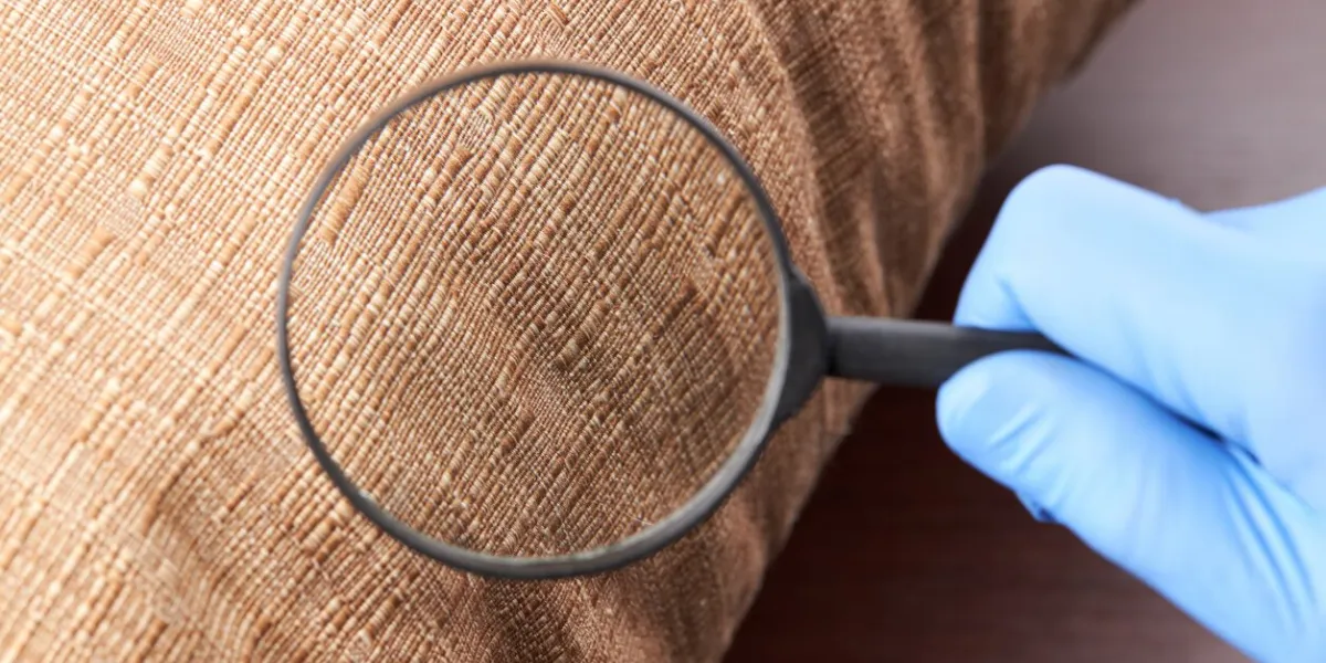 person detecting pest or insect on a furniture textile parasite control and cleaning service concept sanitation worker copy space