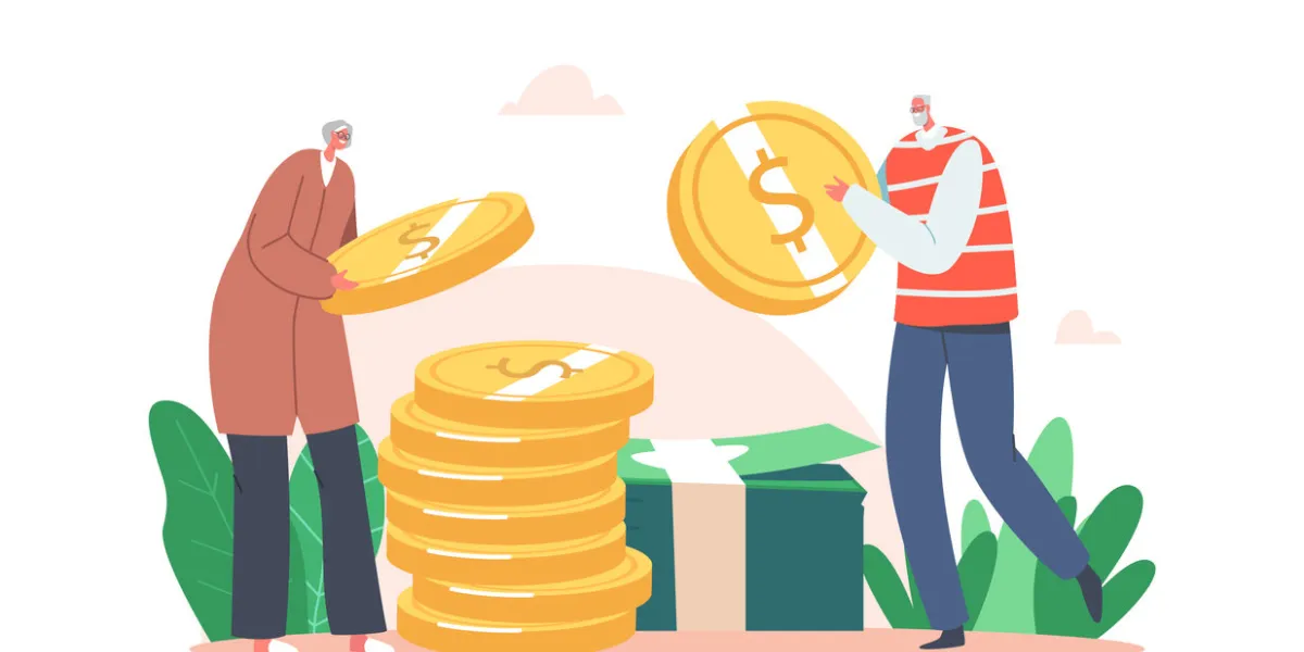 pension income, profit, family budget, retirement concept senior couple male and female characters collect money, getting profit, put coins and banknotes in pile cartoon people vector illustration