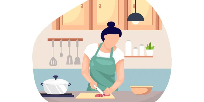 young woman cooking food in the kitchen, woman in an apron is cooking vector illustration in flat style