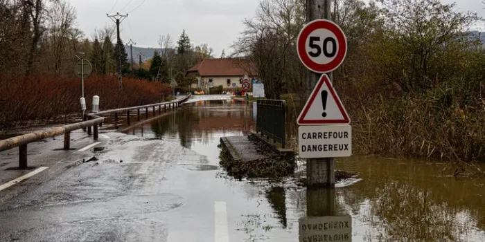 chanaz chindrieux, savoie, france, december 2, 2023, following heavy rain, flooding of the plain between chanaz and chindrieux, from lac du bourget to the rhône riverflooded roads