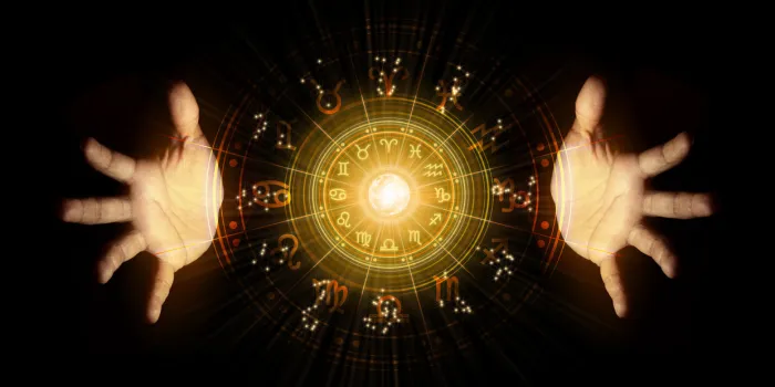 zodiac signs inside of horoscope circle astrology in the sky with many stars and moons astrology and horoscopes concept
