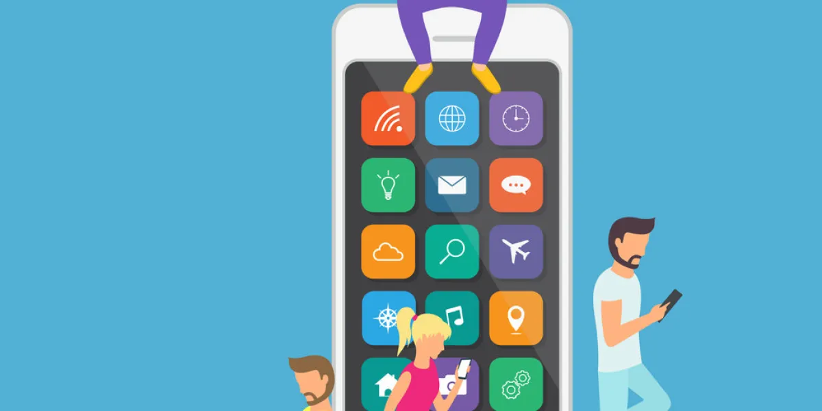 young children are near a large smartphone and using phones to read news and communicate