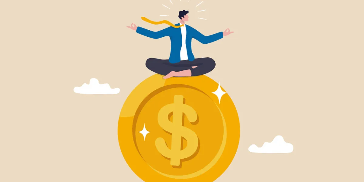 financial guru or expert, behavioral finance mindfulness for wealth management, money and investment advisor concept, smart businessman meditate and floating on big golden money dollar coin