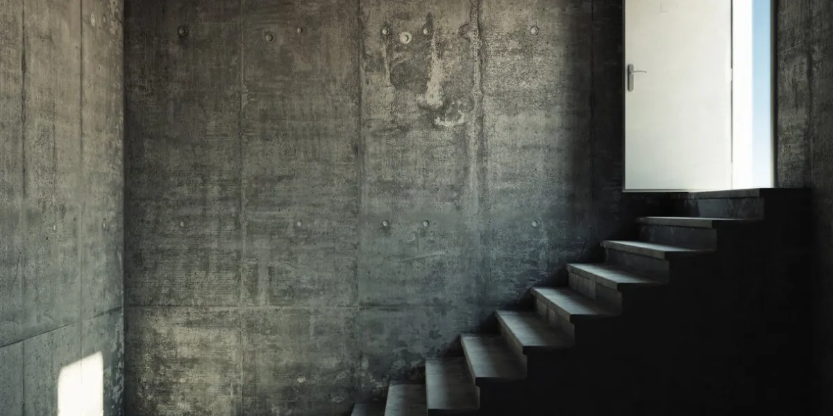 interior room with concrete walls and stairs leading to the exit