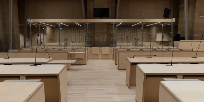 a picture taken in paris, on june 4, 2021, shows a view of the temporary courtroom set up at the palais de justice of paris ahead of the november 13, 2015 paris attacks' trial to be held on september 8, 2021 (photo by thomas samson   afp)