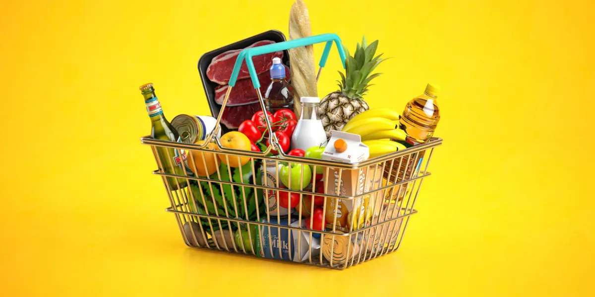 shopping basket full of variety of grocery products, food and drink on yellow background 3d illustration