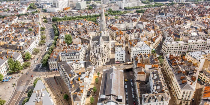 aerial cityscape view with beautiful buildings and in nantes city during the sunny weather in france