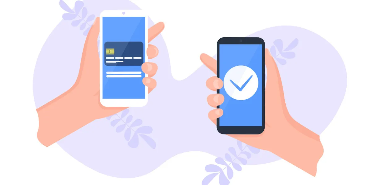 people sending and receiving money wireless with their mobile phones hands holding smart phones with banking payment apps flat style vector illustration