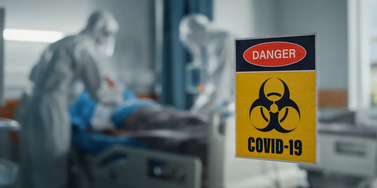 hospital coronavirus emergency department ward  doctors wearing coveralls, face masks treat, cure and save lives of patients focus on biohazard sign on door, background blurred out of focus