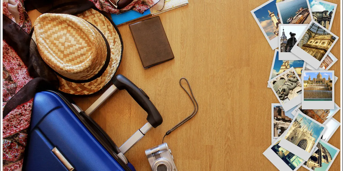 collage of european landmarks, set of travel images suitcase and tourist stuff on wooden background