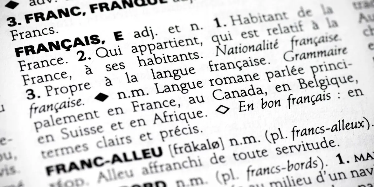 macro shot with focus on the word français and its definition in a french dictionary