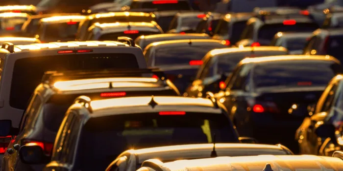 heavy traffic jam during rush hour at sunset or dawn