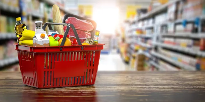 shopping basket with fresh food grocery supermarket, food and eats online buying and delivery concept 3d illustration