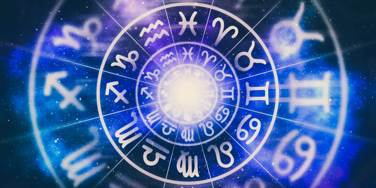 astrological zodiac signs inside of horoscope circle on universe background - astrology and horoscopes concept