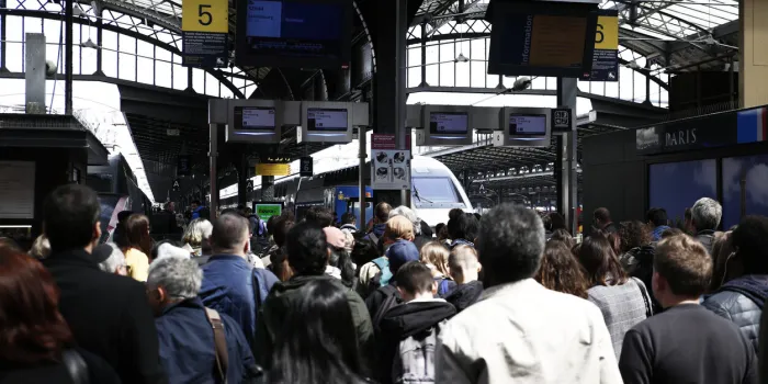 paris,france may 1,2018passengers at station of the east railway station during a nationwide strike by french sncf railway workers