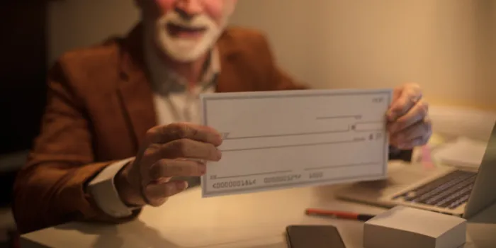 i provided my old days senior man holding a blanco check close up focus on hands