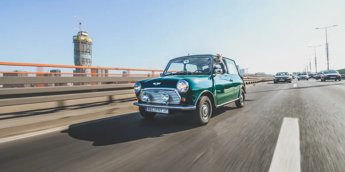 austin mini moris 850oldtimer from 1979 in very good condition shoot in motion, belgrade, serbia on february