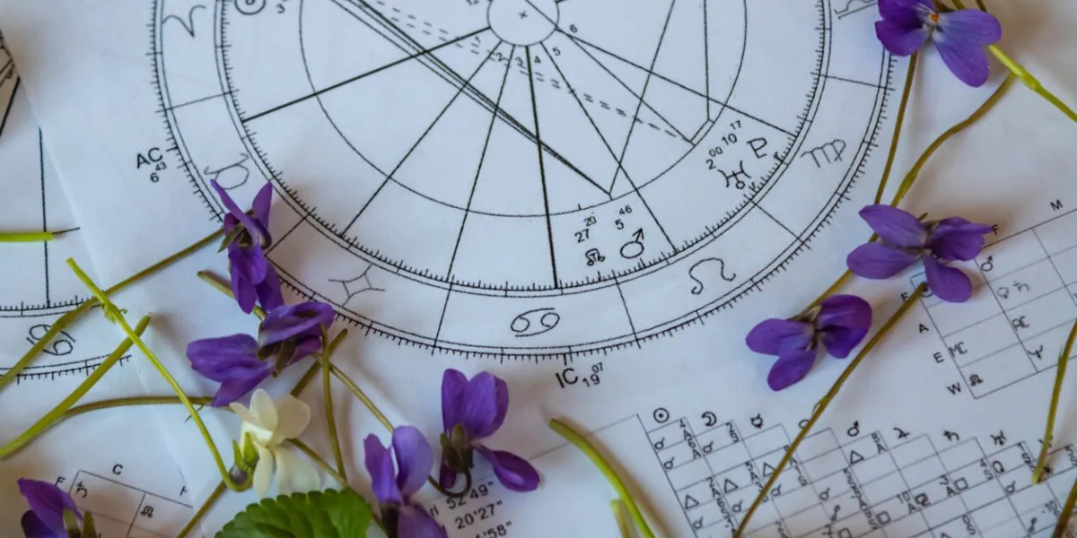 astrology birth charts with scattered violets, spring concept