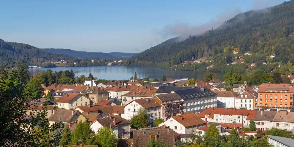 aerial view of gerardmer, a commune in the vosges department in grand est in northeastern france